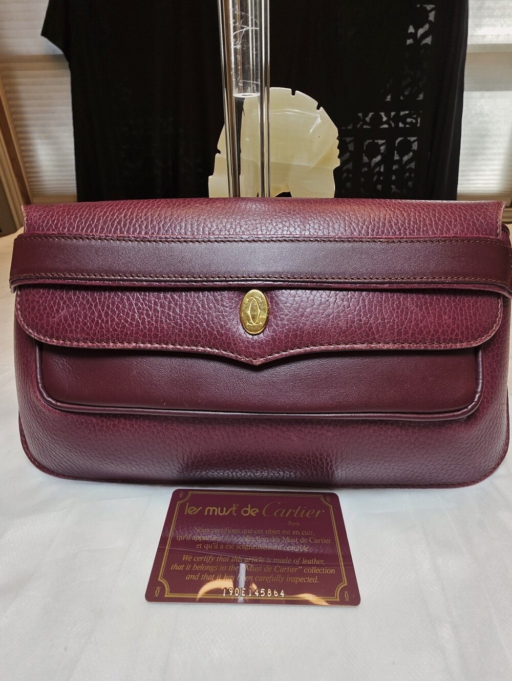 Vintage Must de Cartier Burgundy Leather Shoulder Bag w/ Authenticity Card